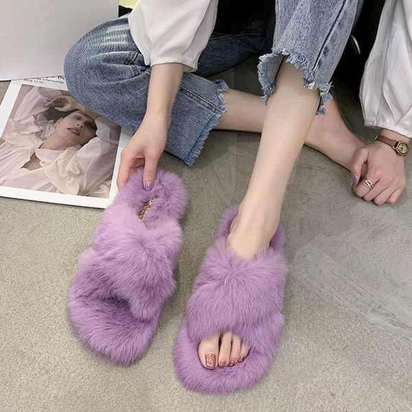 

slippers 2021 cross band open toe furry women hollow-out fluffy slides winter plush candy colors flats rabbits hairy house shoes, Black