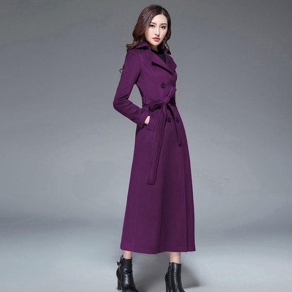

women's wool & blends women autumn winter purple long coat belt double breasted silm woolen warm overcoat england style female trench o, Black