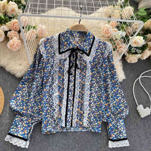

women's blouses & shirts sweet lace patchwork floral bubble long sleeved single-breasted chiffon vintage palace-style shirt mx, White