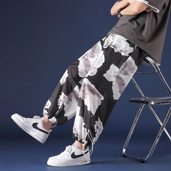 

men's pants summer tie dye net yarn ankle length for men loose casual fashion trousers ice silk wide-leg street male clothing, Black