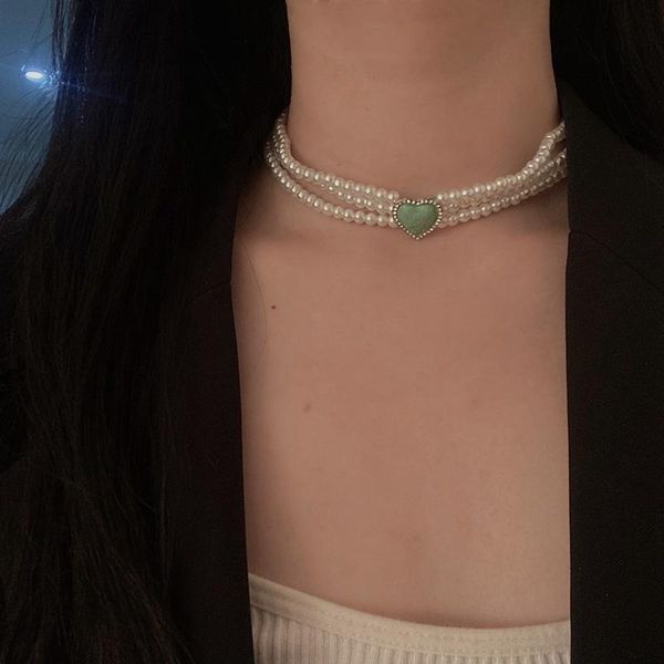 

chokers layered short pearl love heart choker necklace for women beads wedding jewelry on neck lady collar gifts, Golden;silver