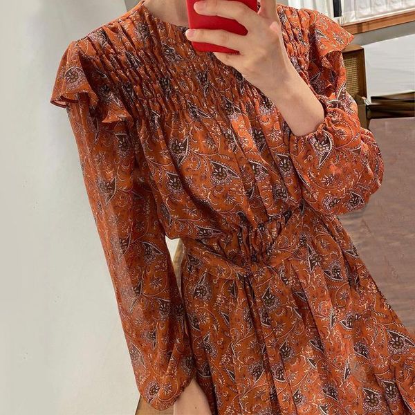 

casual dresses [ewq] 2021 autumn female loose round neck panelled floral long sleeve minimalist lace up a-line ruffles dress 8q309, Black;gray