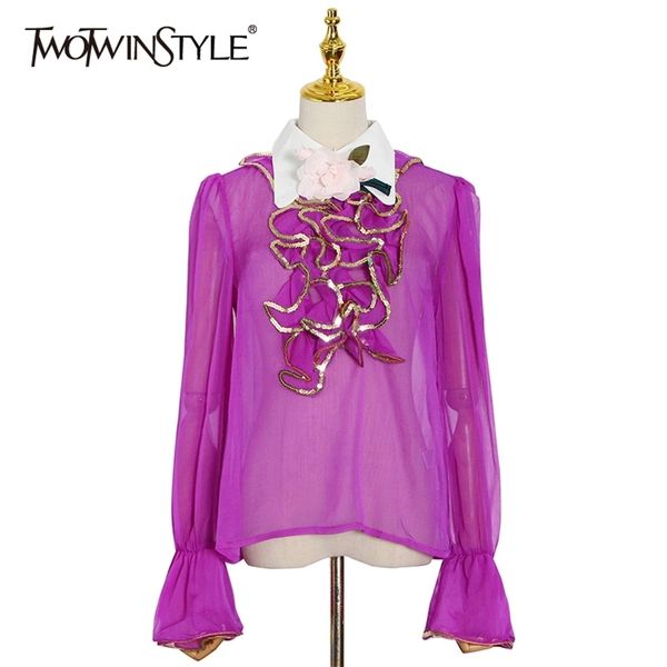 

elegant patchwork ruffle shirt for women lapel long sleeve see through casual blouse female fashion clothing 210524, White