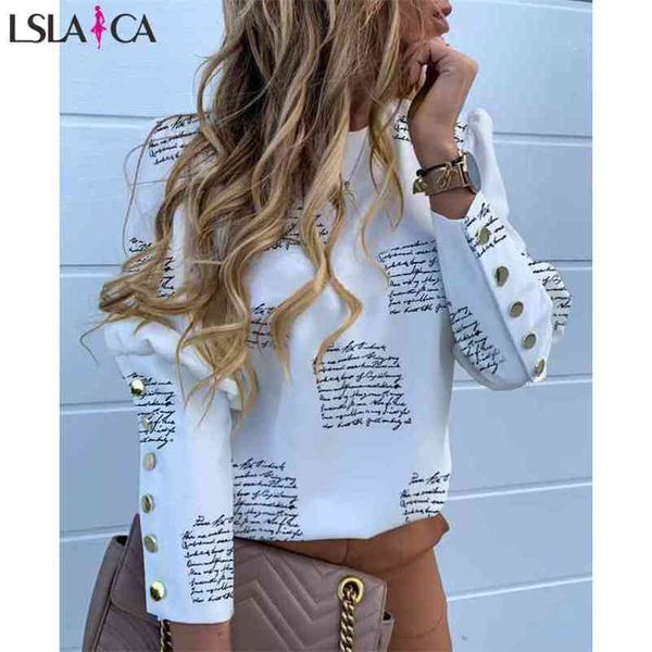 

elegant fashion women blouses long sleeve o-neck knitted ladies spaper printing casual office white blouse for 210515