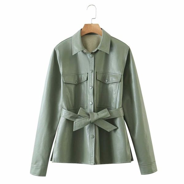 

women's leather & faux elegant women green pu leather-clad fashion lady pocket jackets streetwear female bow sashes slim jacket girls c, Black