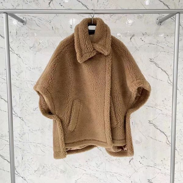 

popular camel colour ma women cape alpaca fur lapel neck outerwear cape shawl coats snow capes with pockets, Black