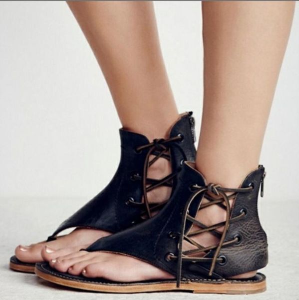 

fashion summer shoes lace up ladies beach flat heels women sandals plus, Black