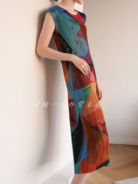 

dress miyake print pleated sleeveless o-neck one-piece, Black;gray