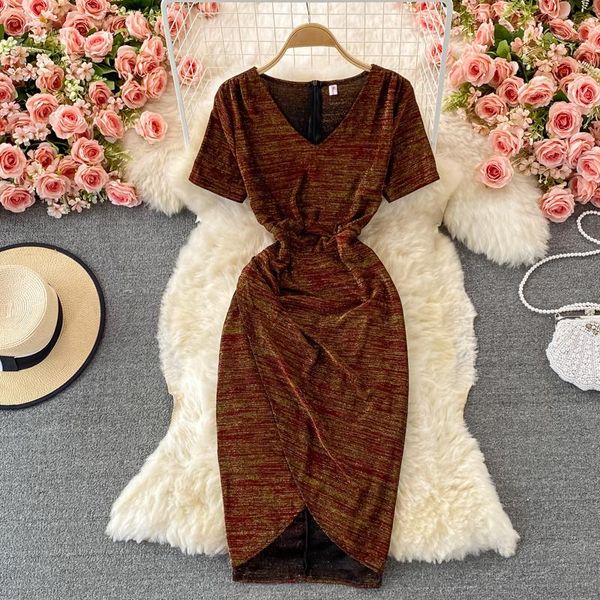 

casual dresses summer 2021 fashion celebrity v-neck wrinkled irregular split bright silk hip wrap dress women's, Black;gray