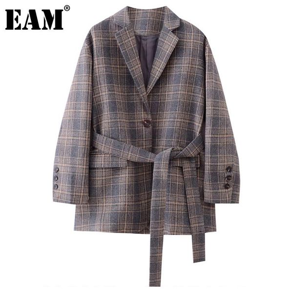 

women's suits & blazers [eam] women gray plaid bandage big size blazer lapel long sleeve loose fit jacket fashion tide spring autumn 20, White;black