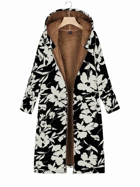 

plus floral print zipper teddy lined hooded coat d4qr#, Black