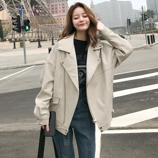 

leather fashion oversized coat women faux leather jacket spring autumn loose biker motorcycle jackets female punk stree, Black