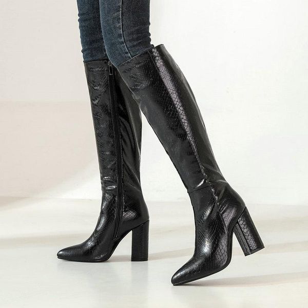

boots winter women fashion snake print knee high heel pointed toe heels faux leather woman shoes, Black