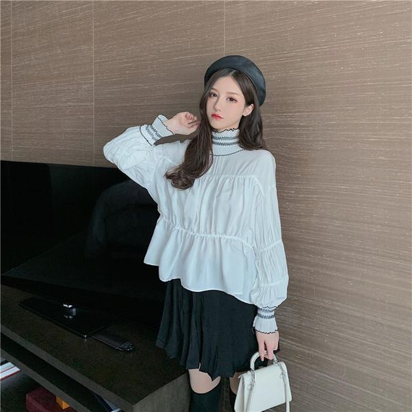 

women's blouses & shirts shirt women 2021 early spring fashion embroidery hit color turtleneck bubble sleeves loose casual hedging prim, White