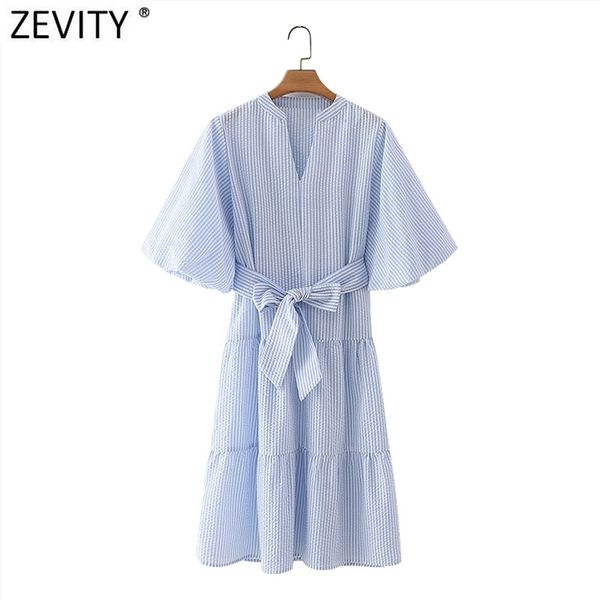 

women vintage v neck striped print bow tie sashes kneeth dress female puff sleeve chic business party vestido ds5057 210420, Black;gray