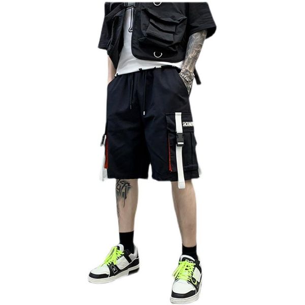 

men's shorts cotton cargo men black ribbons casual knee length pants high street wild male streetwear 2021, White;black