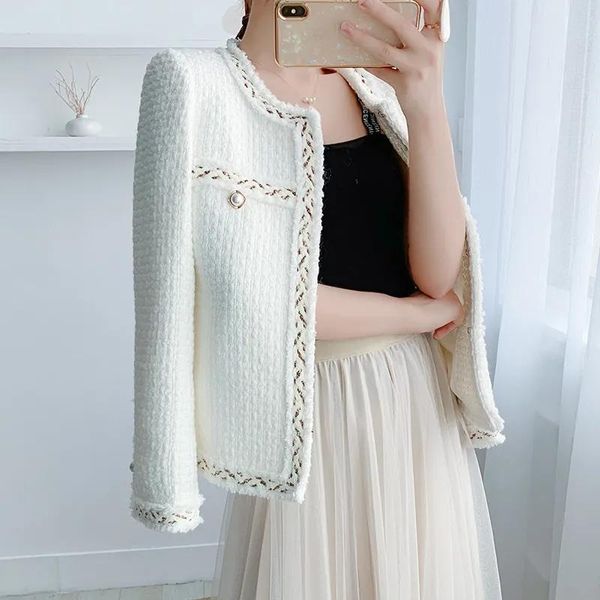 

spring autumn vintage white tweed jacket women korean fashion long sleeve retro coat female elegant slim outerwear women's jack, Black;brown