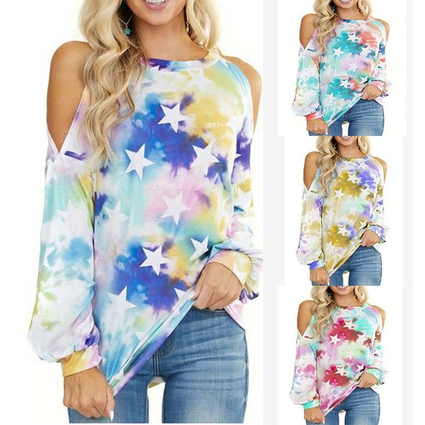 

women's off shoulder tie dye star print round neck long sleeve t-shirt women, White
