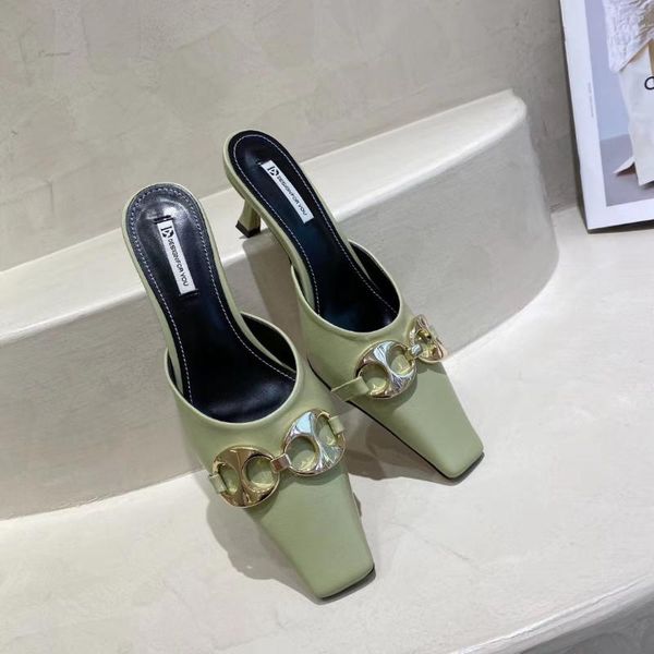 

women sandals slippers small square toe metal design shallow slides thin high heels green/black/white casual pumps