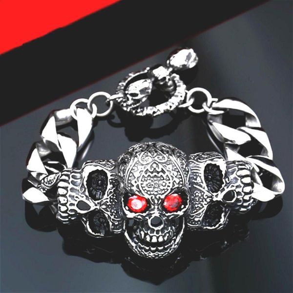 

charm bracelets products mens fashion jewelry retro gothic punk red eye skull bracelet, Golden;silver