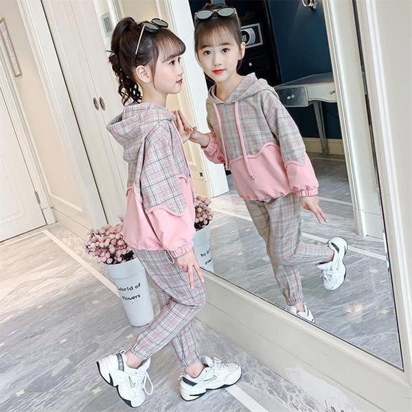 

sports girls clothes set plaid suit hoodies pants 2 pcs autumn childrens teen 4 6 8 12 years, White