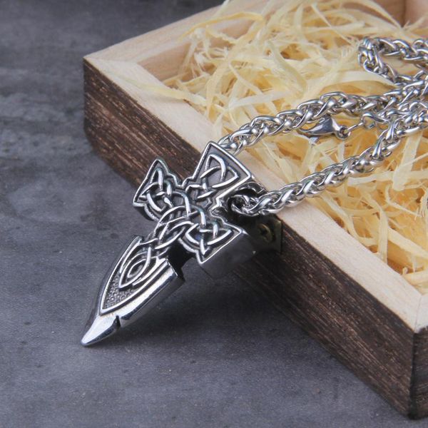 

pendant necklaces nordic freyr sword amulet stainless steel viking necklace with wooden box as gift, Silver
