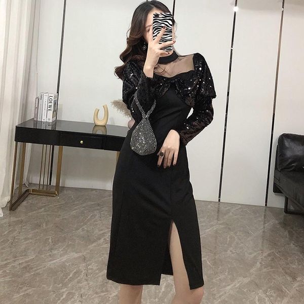 

casual dresses winter 2021 women's sequins patchwork dress open fork package hip fashion black bodycon mini, Black;gray