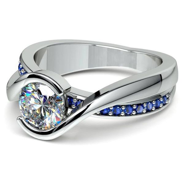 

trendy zircon round engagement ring luxury female blue white crystal stone charm silver color thin wedding rings for women, Slivery;golden