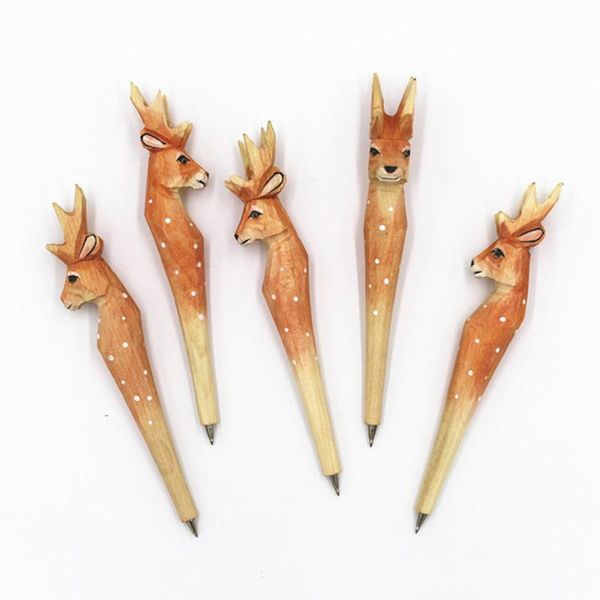 

ballpoint pens coloffice handmade creative wood carving forest animal spotted dear pen office stationery school writing supplies, Blue;orange