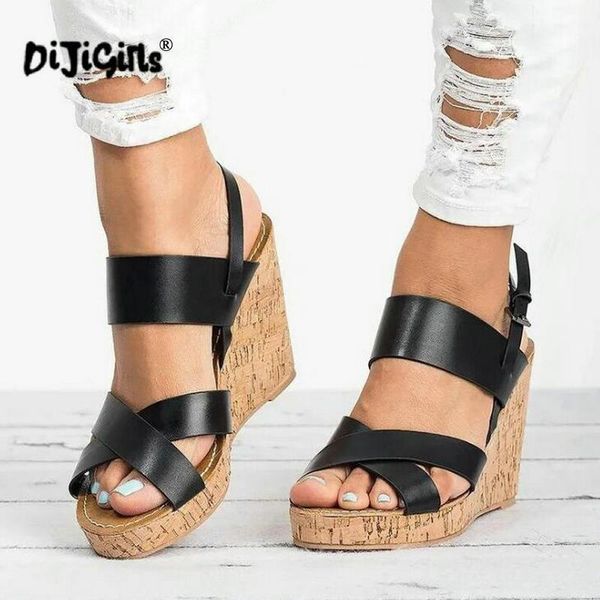 

summer sandals wedges heel open toe back buckle high heels leather pumps shoes women gladiator platform sandal 8cm drop, Black