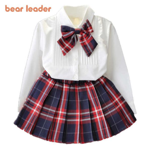 

bear leader girl dress princess dresses class uniforms kids girls bow t-shirt+plaid dress children costume clothing 2pcs 210708, White