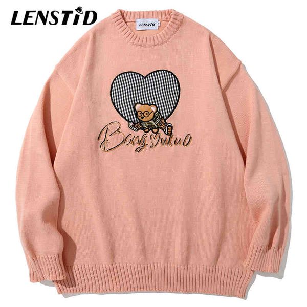 

lenstid men hip hop knitted jumper sweaters bear heart embroidery streetwear harajuku autumn oversize casual fashion pullovers, Black