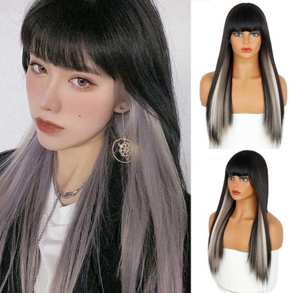 

synthetic wigs pink hair wig long straight heat resistant for women daily/party natural black to brown/gray/orange
