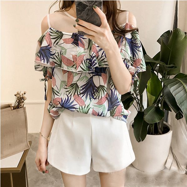 

women's blouses & shirts womens leaves printed off-the-shoulder short-sleeved chiffon ruffles casual loose pull-over 6ikc, White