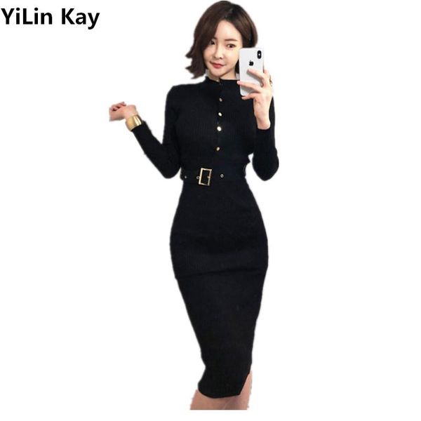 

casual dresses yilin kay 2021 winter women knitted black stand collar single-breasted button down, Black;gray