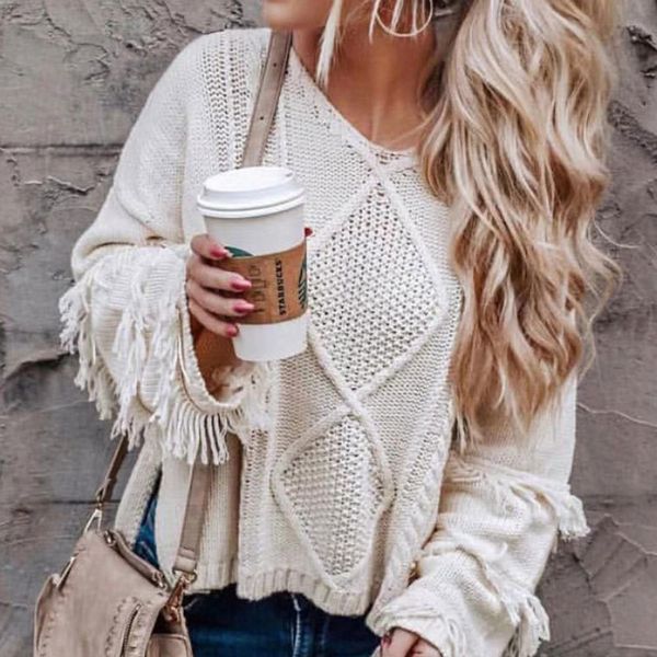 

elegant office lady sweater solid tassel long sleeve v neck loose knitted pullover women's oversized jumper winter 210518, White;black