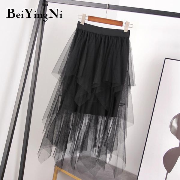 

skirts beiyingni midi tulle skirt streetwear pleated tutu women iirregular elastic waist mesh gothic jupe falda plisada, Black
