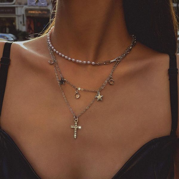 

chokers fashion pearl chain necklace women collar wedding punk crystal stars cross shape multilayers choker necklaces jewelry, Golden;silver