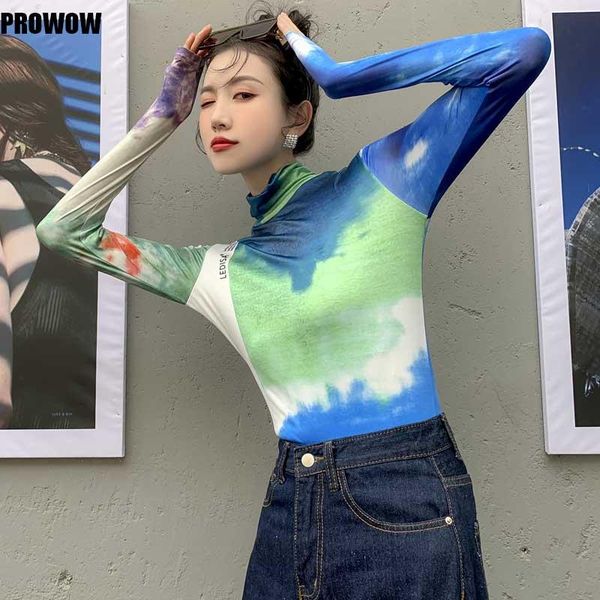 

designer 2021 floral print t shirt women turtle neck long sleeve slim underwear clothing color block shirts women's t-shirt, White