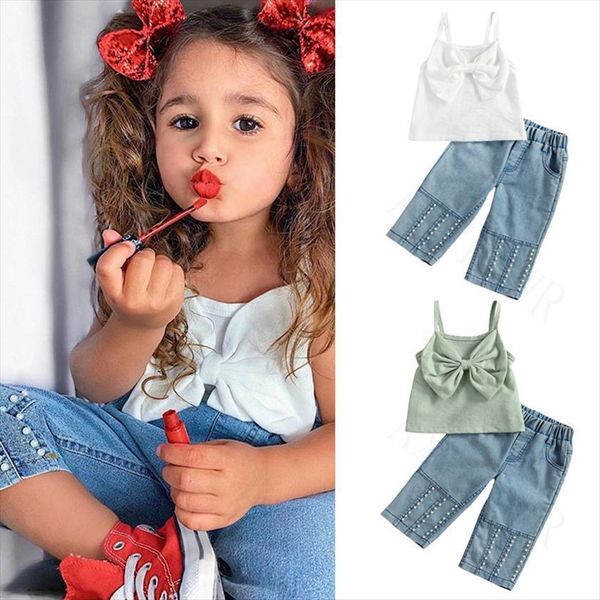 

kids girls clothes set baby girl summer sleeveless bow pearl denim pants 2pcs outfit children clothing, White