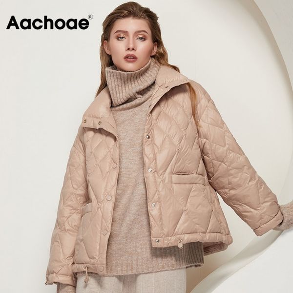 

aachoae women winter solid puffer jacket with pockets single breasted thick warm coat long sleeve white duck down jackets 210413, Black
