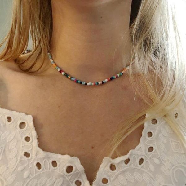 

chokers colorful rice bead necklace bohemian handmade fashion short women's neck chain collar choker jewelry making christmas gift 2021, Golden;silver