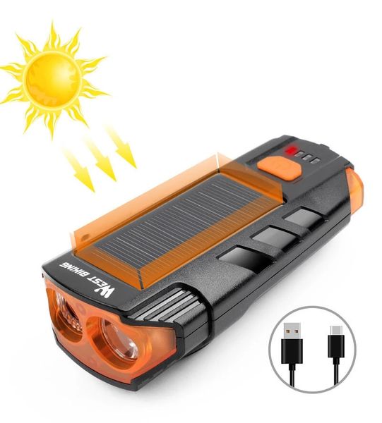 WEST BIKING 350LM 2000mAh 120dB 5 Modi Fahrradlicht USB/Solar wiederaufladbar LED Fahrradscheinwerfer Hupe Warnlampe Radfahren im Freien - Rot