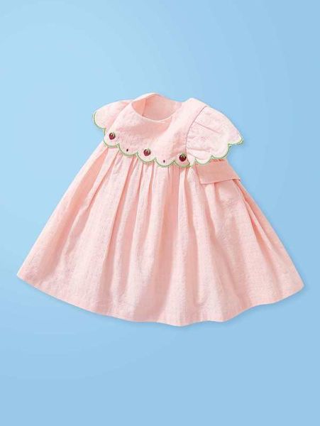 

baby strawberry embroidery scallop bow back flared dress she, Red;yellow