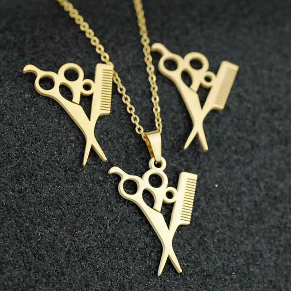 

earrings & necklace women statement stainless steel hairdresser scissors comb pendant jewelry set punk gold color femme gift, Silver