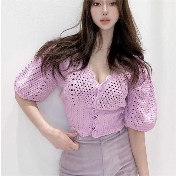 

summer vintage women v-neck half sleeves openwork sweater cardigan single breasted fashion solid color 210531, White