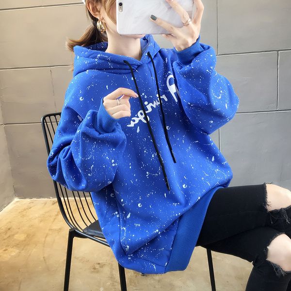 

weiyi women's autumn and winter 2020 new thickened plush loose korean hooded medium length jacket, Blue;black