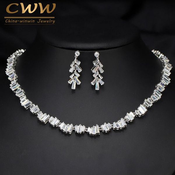 

earrings & necklace cwwzircons geometric square cz zirconia stones fashion wedding party jewelry set for women t078, Silver