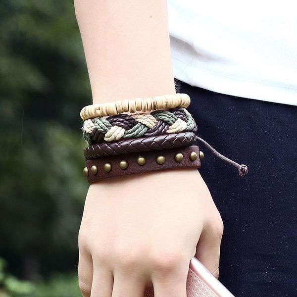 

charm bracelets 4pcs/set retro vintage boho hippie punk brown cord wrap leather beige beads multi layers bangle unisex, Golden;silver