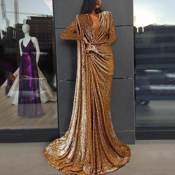 

party dresses arrival deep v neck long sleeves mermaid sequin gold evening with one shoulder cape, White;black